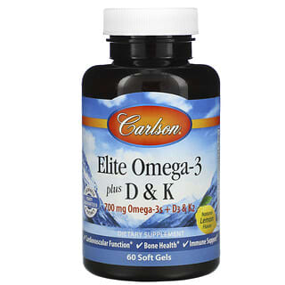 Carlson, Elite Omega-3 Plus D & K, sabor natural a limón, 60 cápsulas blandas