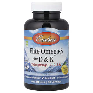 Carlson, Elite Omega-3 Plus D & K, sabor natural a limón, 60 cápsulas blandas