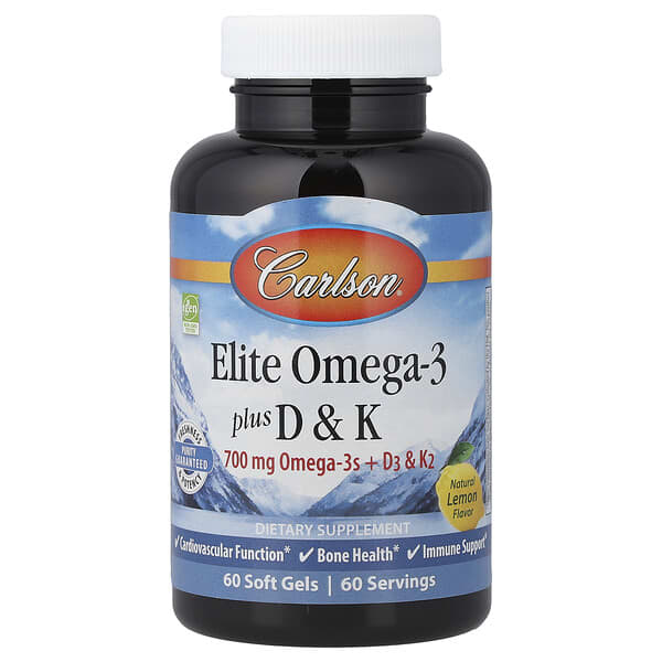 Carlson Elite Omega-3 Plus D & K, Natural Lemon, 60 Soft Gels