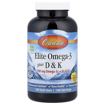 Carlson, Select Omega-3 Fish Oil with Vitamins D & K, Natural Lemon Flavor, 180 Softgels