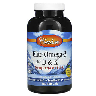 Carlson, Elite Omega-3 Plus D & K, Natural Lemon Flavor, 180 Soft Gels