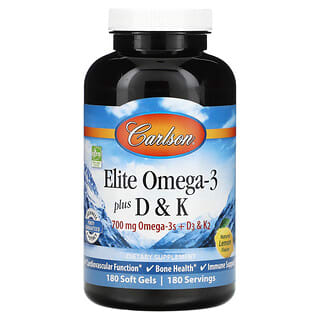 Carlson, Elite Omega-3 Plus D&K, Sabor natural a limón, 180 cápsulas blandas
