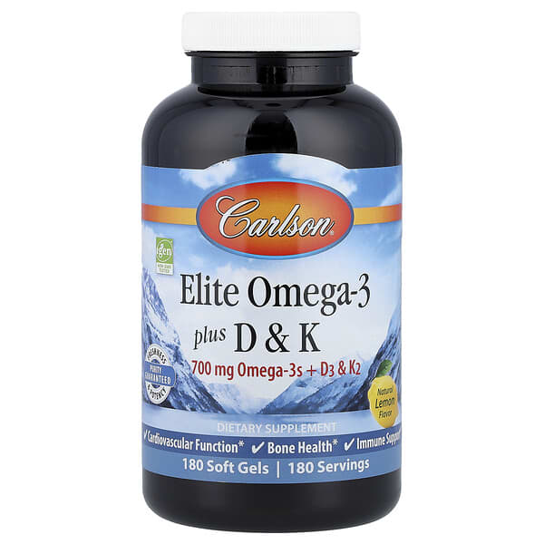 Carlson Elite Omega-3 Plus D & K, Natural Lemon, 180 Soft Gels