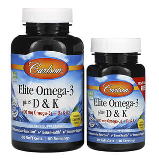 Carlson, Elite Omega-3 Plus D & K, Natural Lemon Flavor, 60 + 30 Free Soft Gels
