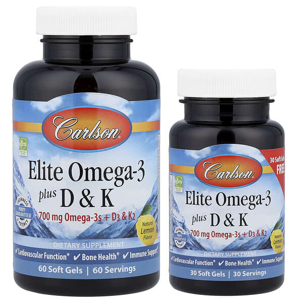 Carlson Elite Omega-3 Plus D & K, Natural Lemon, 90 Soft Gels