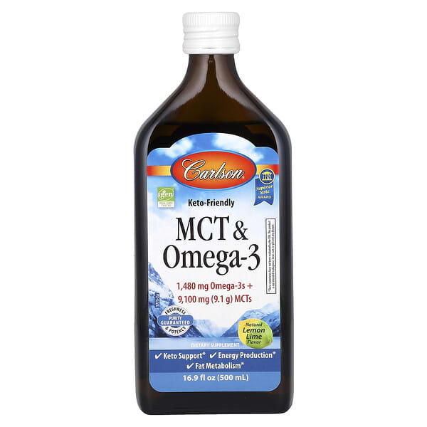 Carlson MCT & Omega-3, Keto Friendly, Natural Lemon Lime, 16.9 fl oz (500 ml)
