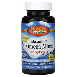 Carlson, Maximum Omega Minis，天然柠檬味，1,000 毫克，60 粒迷你软凝胶（每粒软凝胶 500 毫克）