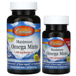 Carlson, Maximum Omega Minis, Limón natural, 1000 mg, 80 minicápsulas blandas (500 mg por cápsula blanda)