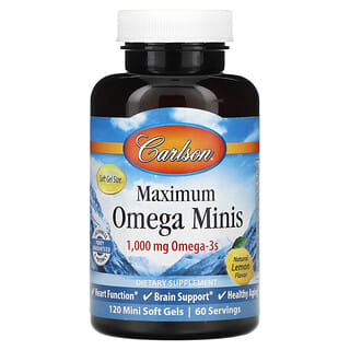 Carlson, Maximum Omega Minis, Limão Natural, 1.000 mg, 120 Minicápsulas Softgel (500 mg por Cápsula Softgel)