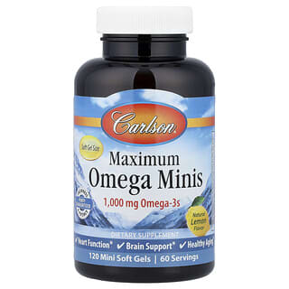 Carlson, Maximum Omega Minis, Limón natural, 1000 mg, 120 minicápsulas blandas (500 mg por cápsula blanda)