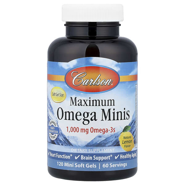 Carlson Maximum Omega Minis, Natural Lemon, 120 Mini Soft Gels (500 mg per Soft Gel)