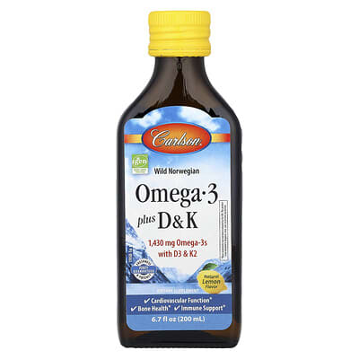 Carlson, Omega-3 Fatty Acids + D3 & K2, Natural Lemon Flavor, 1430 mg, 6.7 fl oz (200 ml)