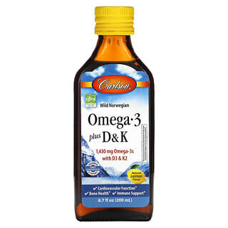 Carlson‏, "Omega 3 Plus D ו-K, לימון טבעי, 1,430 מ""ג, 200 מ""ל (6.7 אונקיות נוזל)"