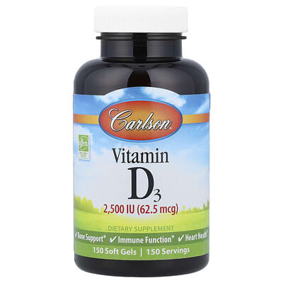 Carlson, Vitamin D3, 62.5 mcg (2500 IU), 150 Softgels
