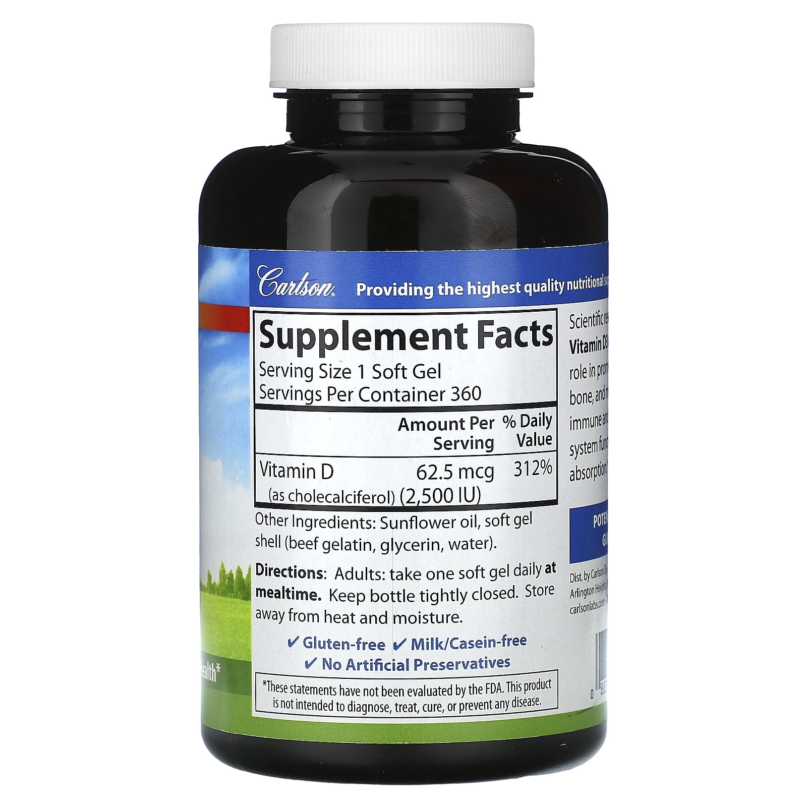 Carlson, Vitamin D3, 62.5 mcg (2,500 IU), 360 Soft Gels