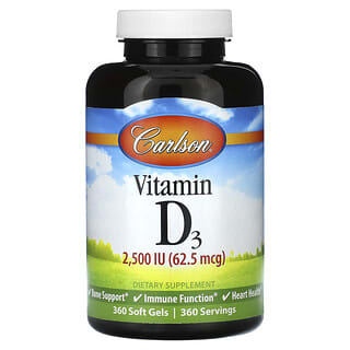 Carlson, Vitamina D3, 62,5 mcg (2.500 UI), 360 cápsulas moles