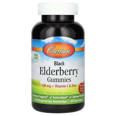 Carlson, Black Elderberry Gummies + Vitamin C & Zinc, Natural Berry Flavor, 120 Vegan Gummies
