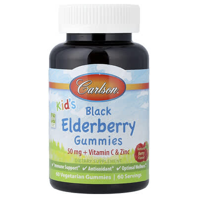 Carlson, Kids' Black Elderberry Gummies + Vitamin C & Zinc, Natural Berry, 60 Vegetarian Gummies