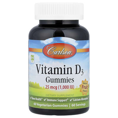 Carlson, Vitamin D3 Gummies, Natural Fruit Flavor, 25 mcg (1000 IU), 60 Vegan Gummies