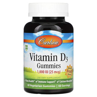 Carlson, Gomitas de vitamina D3, Sabores naturales de frutas, 25 mcg (1000 UI), 60 gomitas