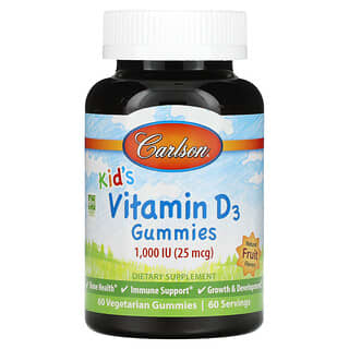 Carlson, Kid's, жувальні таблетки з вітаміном D3, смак натуральних фруктів, 25 мкг (1000 МО), 60 вегетаріанських жувальних таблеток