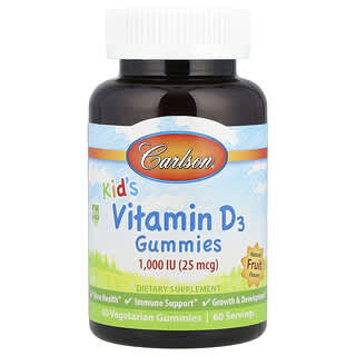 Carlson, Kid's, Vitamin D3 Gummies, Natural Fruit, 25 mcg (1,000 IU), 60 Vegetarian Gummies