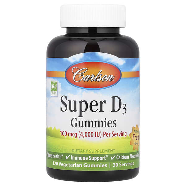 Carlson Super D3 Gummies, Natural Fruit, 120 Vegetarian Gummies (25 mcg (1000 IU) per Gummy)