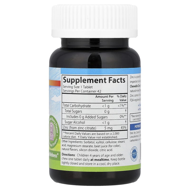 Купить Carlson, Kid's Chewable Zinc, натуральная ягодная смесь, 5 мг, 42 таблетки