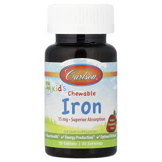 Carlson, Ferro masticabile per bambini, fragola naturale, 15 mg, 30 compresse