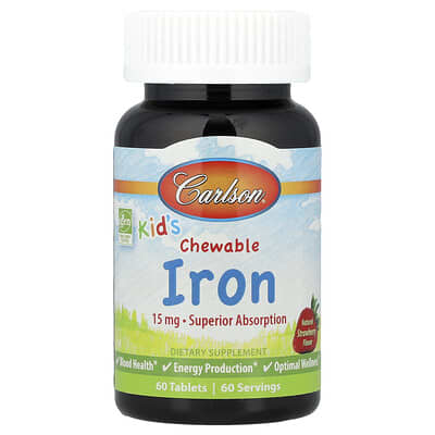 Carlson, Kids', Chewable Iron, Natural Strawberry, 15 mg, 60 Tablets