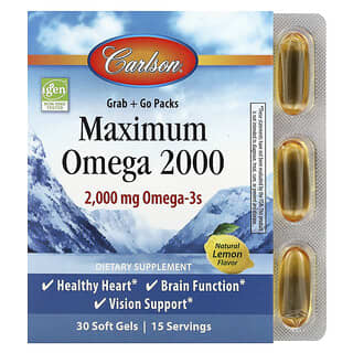 Carlson, Maximum Omega 2000, Omega-3-Fettsäuren, natürlicher Zitronengeschmack, 2.000 mg, 30 Weichkapseln (1.000 mg pro Weichkapsel)