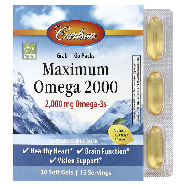 Carlson, Maximum Omega 2000, Natural Lemon, 30 Soft Gels (1,000 mg per Soft Gel) — product photo 1