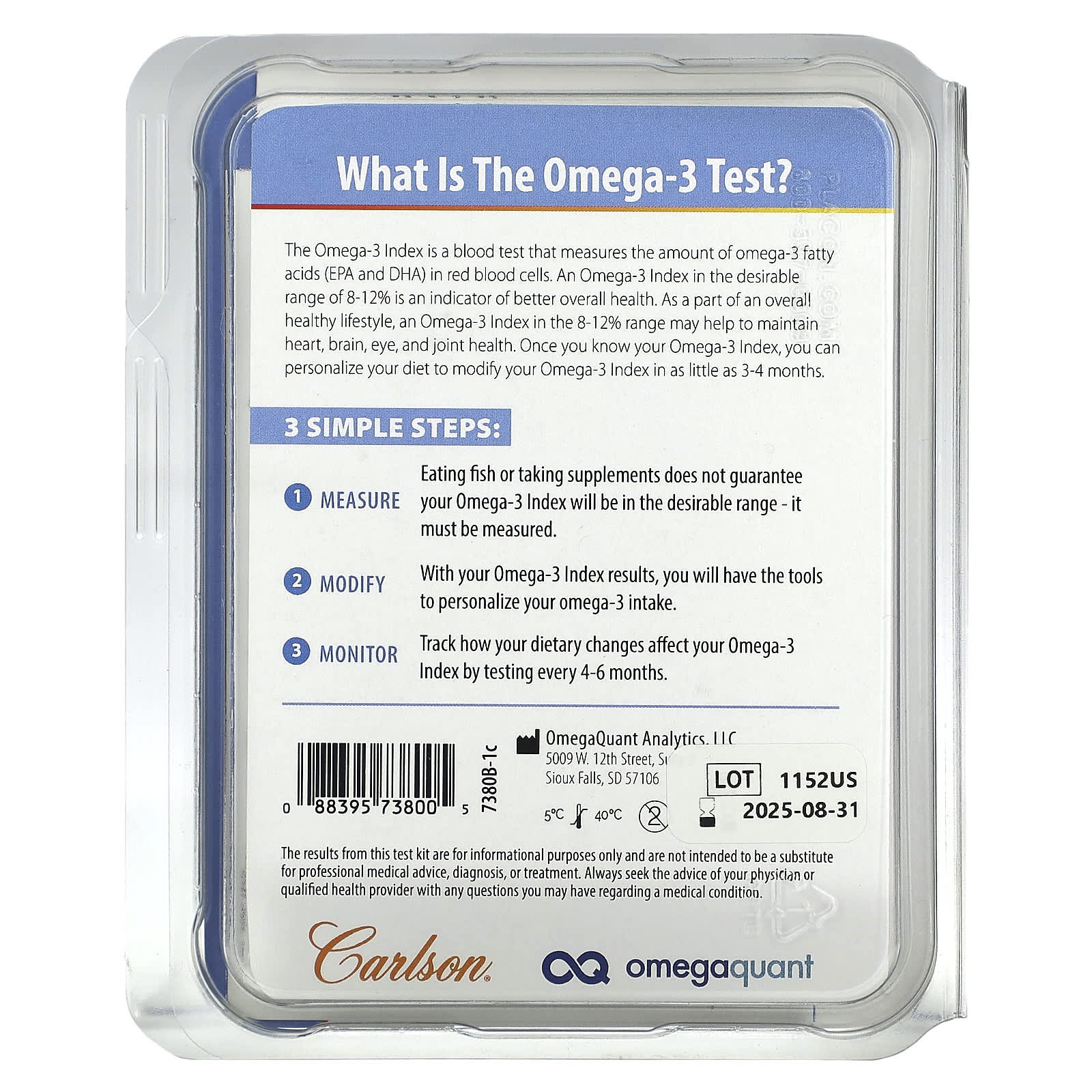 Carlson, Omega-3 Test Kit, 1 Kit