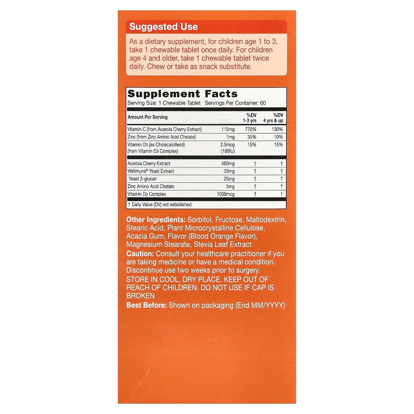 Photo 2 of the CATALO Kids Immune Shield Vitamin C with Quaternary Immune Factors 60 Chewable Tablets label