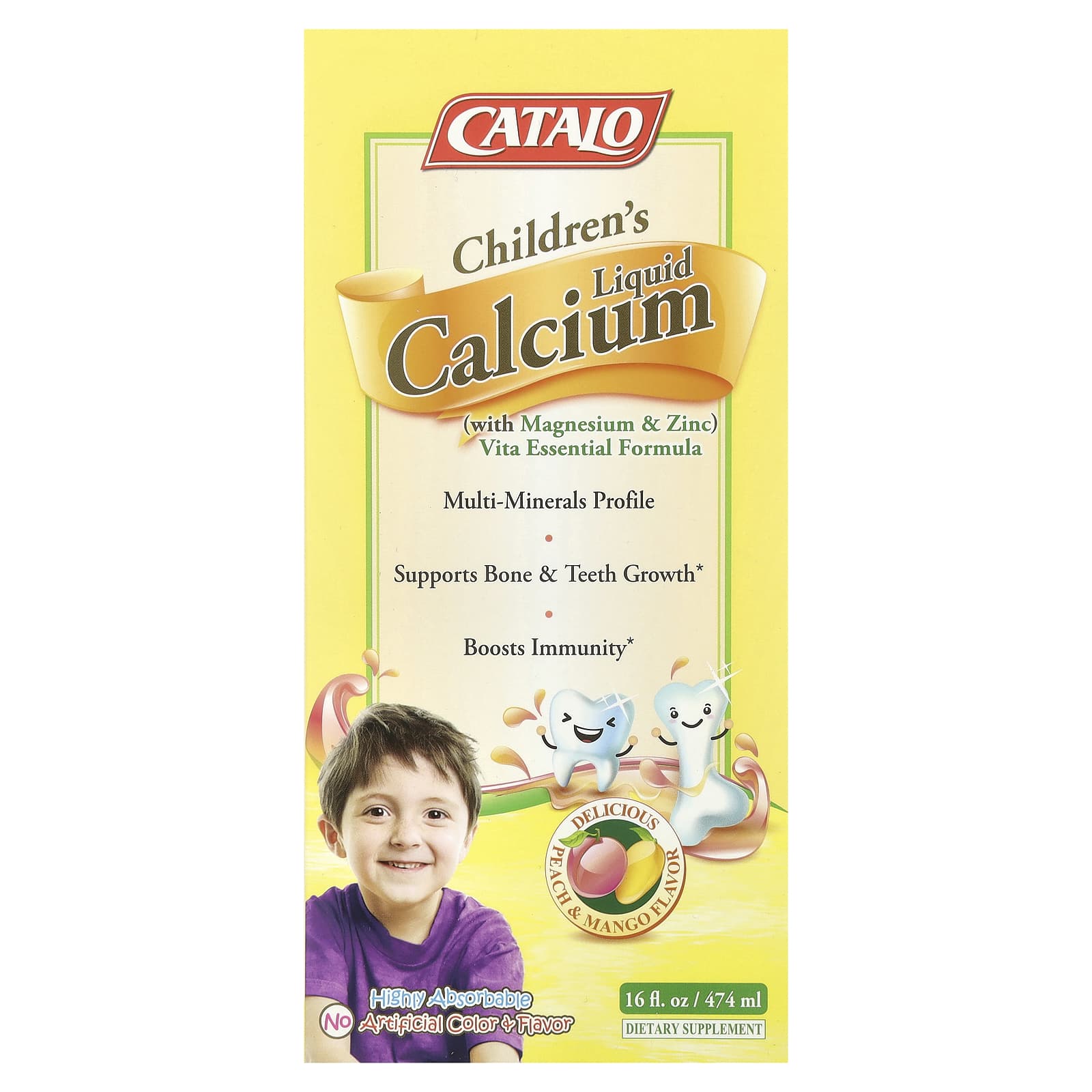CATALO, Flüssiges Calcium für Kinder mit Magnesium und Zink, Pfirsich