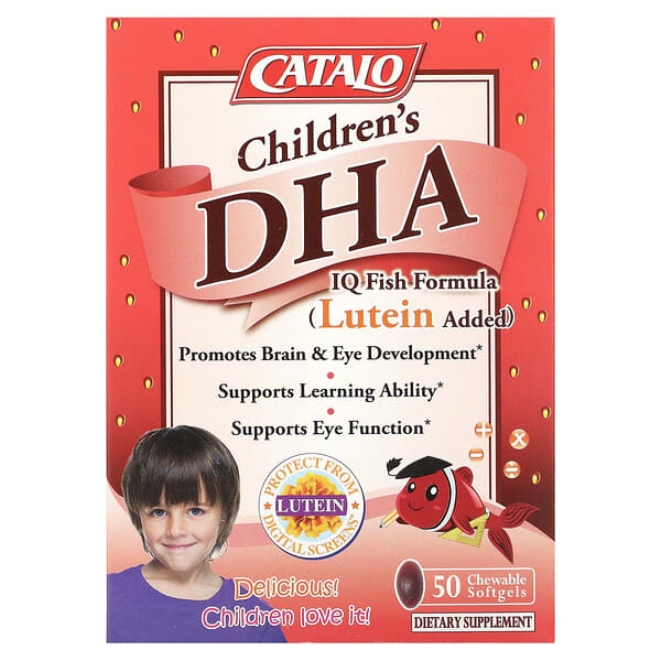 Catalo Naturals, 兒童 DHA IQ 魚類配方，添加葉黃素，草莓味，50 粒咀嚼軟凝膠
