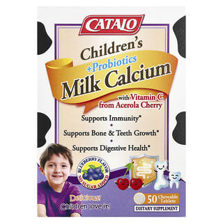 CATALO, Lait de calcium + probiotiques pour enfants avec vitamine C, 50 comprimés à croquer