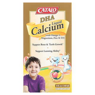 Catalo Naturals, Calcium liquide DHA avec oméga-3, magnésium, zinc et vitamine D3, pêche et mangue, 240 ml