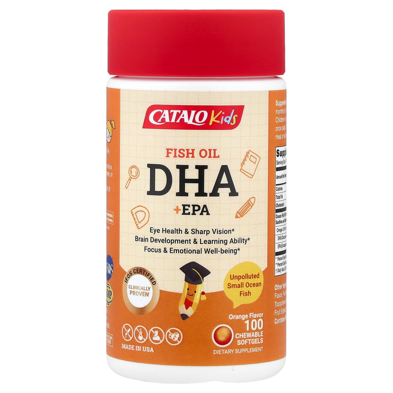Photo of the CATALO Kids Fish Oil DHA+EPA & Lutein 100 Chewable Softgels label