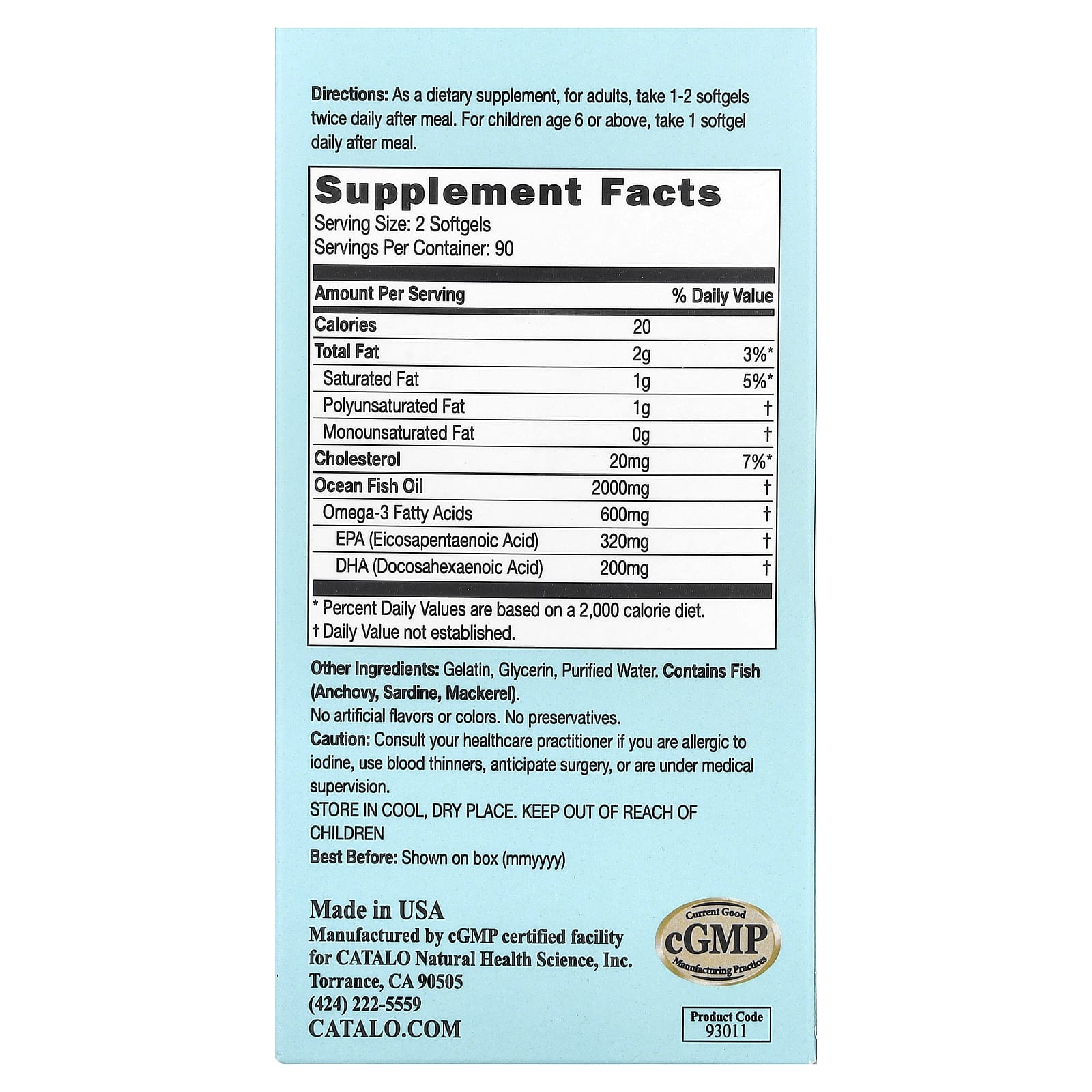 CATALO, Huile de poisson riche en oméga3, 2000 mg, 180 capsules à