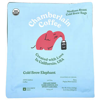 Chamberlain Coffee, Éléphant infusé à froid, Café 100 % arabica, Torréfaction moyenne, 4 sachets d’infusion à froid, 60 g chacun