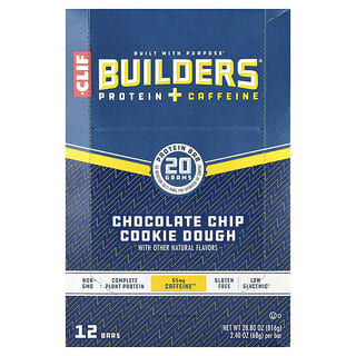 Clif Bar, Builders® Protein + Caffeine Bar, Chocolate Chip Cookie Dough, 12 Bars, 2.40 oz (68 g) Each