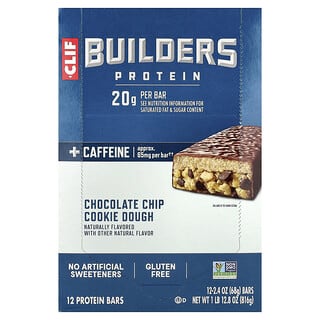 Clif Bar, Builders® Protein + Caffeine Bar, Chocolate Chip Cookie Dough, 12 Bars, 2.4 oz (68 g) Each