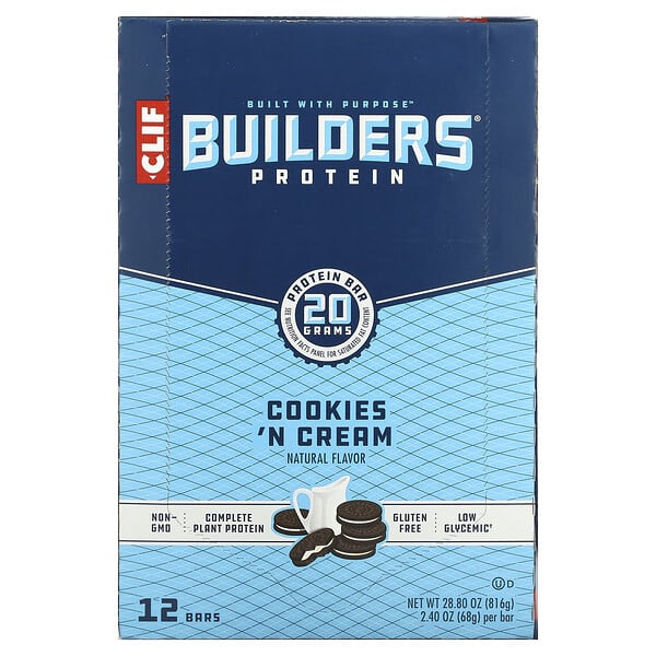 Clif Bar, Builder's Protein Bar, Cookies N' Cream, 12 Bars, 2.40 oz (68 g) Each