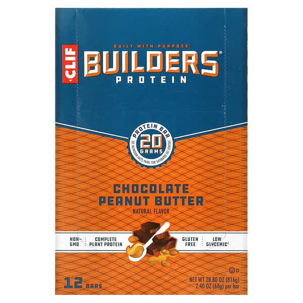 Clif Bar, Builders Protein Bar, Chocolate Peanut Butter, 12 Bars, 2.40 oz (68 g) Each