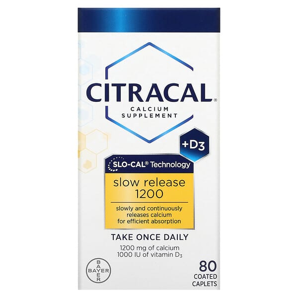Citracal, Kalzium Nahrungsergänzung, Langsame Abgabe der Inhaltsstoffe 1200 + D3, 80 Beschichtete Tabletten