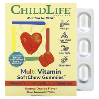 ChildLife Essentials, マルチビタミンSoftChew Gummies（ソフトチュアブルグミ）、ナチュラルオレンジ、タブレット27粒