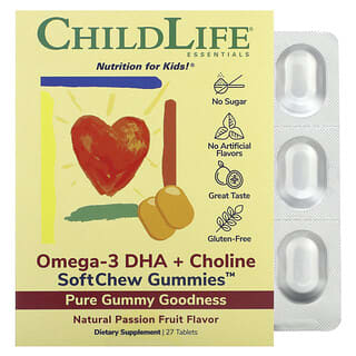 ChildLife Essentials, Productos esenciales, Omega-3 DHA y colina, SoftChew Gummies, Maracuyá, 27 comprimidos