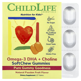 تشايلد لايف اسينشالز‏, علكات SoftChew Gummies من Essentials العناصر الأساسية، أوميغا-3 حمض دوكوزاهيكسنويك (DHA) + كولين، فاكهة زهرة الآلام، 27 قرصًا