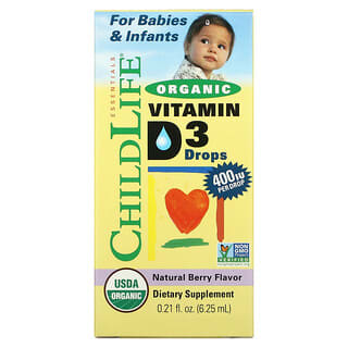 ChildLife, 有机维生素 D3 滴剂，天然浆果，400 国际单位，0.21 液量盎司（6.25 毫升）